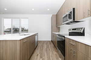 Kitchen featuring appliances with stainless steel finishes, light hardwood / wood-style flooring, and sink