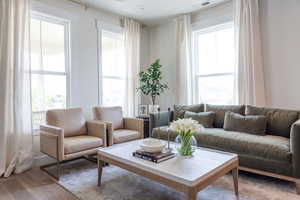 Living room featuring wood-type flooring and a wealth of natural light