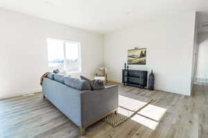 Living room with light hardwood / wood-style floors