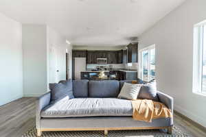 Living room featuring light wood-type flooring, a wealth of natural light, and sink