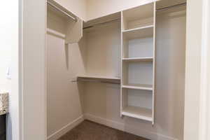 Walk in closet with carpet flooring