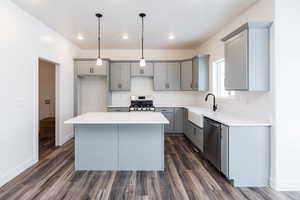 Kitchen with a kitchen island, stainless steel appliances, and dark hardwood / wood-style floors