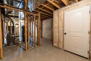 Basement with secured water heater and heating unit