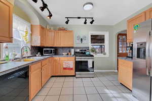 Kitchen featuring sink, rail lighting, decorative backsplash, light brown cabinetry, and appliances with stainless steel finishes