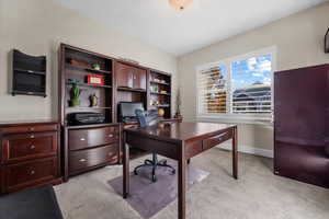 Home office with light colored carpet