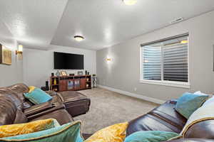 Carpeted living room featuring a textured ceiling