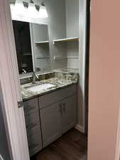 Bathroom featuring vanity and wood-type flooring. Granite counter top.