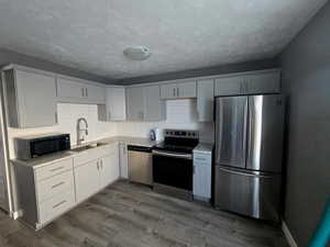 Kitchen featuring white cabinetry, sink, stainless steel appliances, dark hardwood / wood-style floors, and backsplash