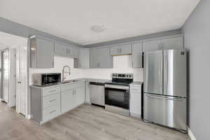 Kitchen featuring light wood-type flooring, backsplash, sink, and stainless steel appliances