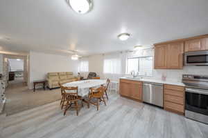 Mother-in-law kitchen with appliances with stainless steel finishes, light hardwood / wood-style flooring, ceiling fan, and sink