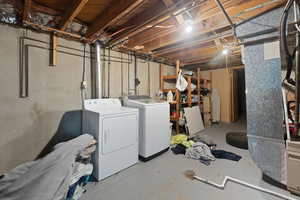 Basement with washer and dryer and heating unit