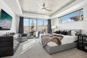 Bedroom featuring ceiling fan, access to exterior, light carpet, and multiple windows