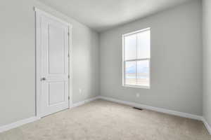 Unfurnished room with a textured ceiling and light colored carpet