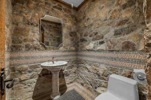 Bathroom featuring toilet and ornamental molding