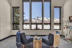 Carpeted living room with a mountain view and a wealth of natural light