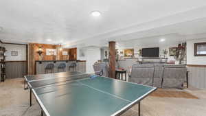 Playroom with light carpet, wooden walls, and a textured ceiling