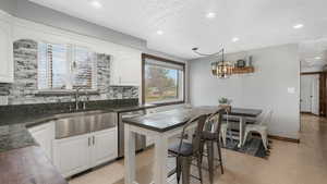 Kitchen featuring white cabinetry, decorative backsplash, sink, and stainless steel dishwasher