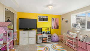 Recreation room featuring light colored carpet