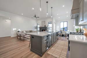 Kitchen featuring gray cabinetry, a center island with sink, sink, light hardwood / wood-style flooring, and ceiling fan