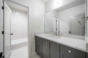 Full bathroom with vanity, toilet, and tiled shower / bath combo