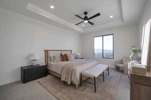 Carpeted bedroom with ceiling fan and a raised ceiling