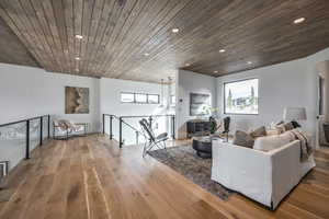 Living room featuring wooden ceiling and light wood-type flooring