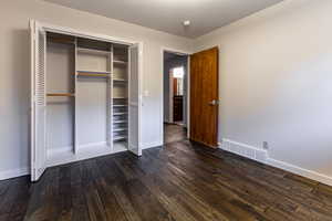 bedroom with dark hardwood / wood-style floors and a closet