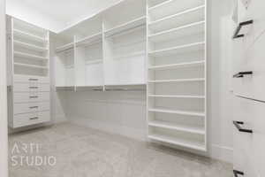 Spacious closet featuring light colored carpet