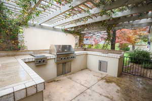 View of patio / terrace with sink, a pergola, grilling area, and exterior kitchen