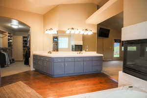 Bathroom with vanity, wood-type flooring, and vaulted ceiling