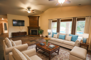 Living room featuring a fireplace, a healthy amount of sunlight, dark hardwood / wood-style floors, and lofted ceiling