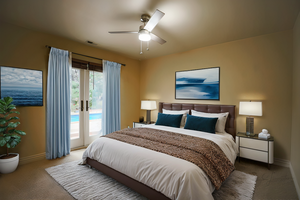 Carpeted bedroom with ceiling fan