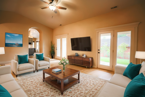 Living room featuring ceiling fan, light hardwood / wood-style flooring, and lofted ceiling