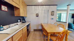 Kitchen featuring dishwasher, light brown cabinets, sink, light hardwood / wood-style flooring, and baseboard heating