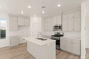 Kitchen with light hardwood / wood-style flooring, sink, stainless steel appliances, and an island with sink