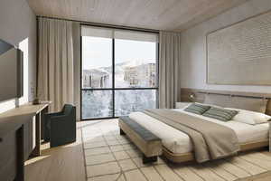 Bedroom with floor to ceiling windows, wooden ceiling, and light hardwood / wood-style floors