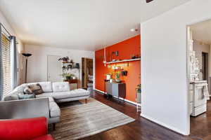 Living room featuring dark wood-type flooring