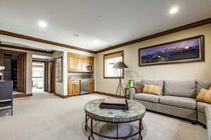 Living room featuring light carpet and crown molding