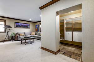 Carpeted living room with crown molding