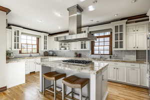 Kitchen featuring a center island, sink, light hardwood / wood-style floors, island exhaust hood, and stainless steel appliances