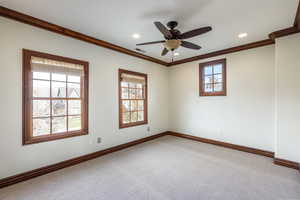 Carpeted empty room with ceiling fan and ornamental molding