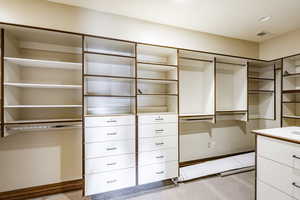 Walk in closet featuring light colored carpet