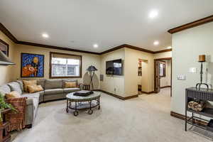 Living room with light carpet and ornamental molding