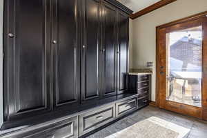 Mudroom featuring ornamental molding