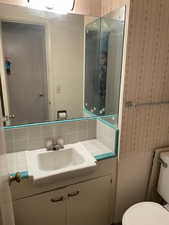 Bathroom with vanity, toilet, and backsplash