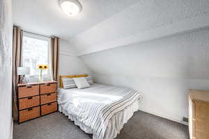 Carpeted bedroom featuring a textured ceiling and lofted ceiling