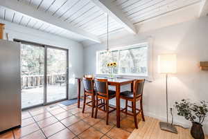 Tiled dining room featuring lofted ceiling with beams and wood ceiling