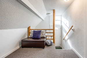 Interior space with carpet floors, a textured ceiling, and vaulted ceiling