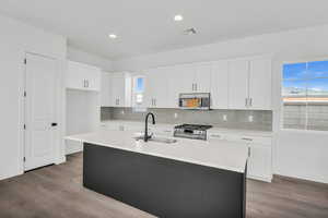 Kitchen featuring a healthy amount of sunlight, a center island with sink, stainless steel appliances, and sink