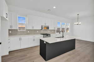 Kitchen with appliances with stainless steel finishes, a kitchen island with sink, sink, pendant lighting, and white cabinetry